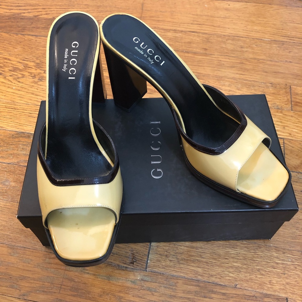Gucci Tan and Brown Patent Leather Open Toed Heels